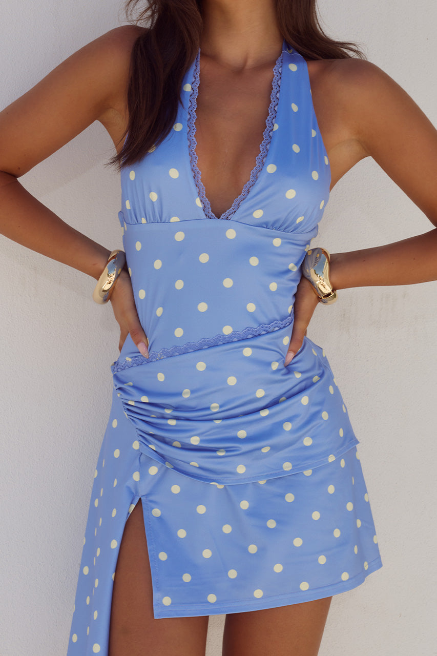 CELYSE HALTER MINI DRESS - PERIWINKLE/LEMON POLKA