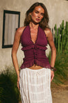 DELLA V-NECK RUFFLE TOP - PLUM