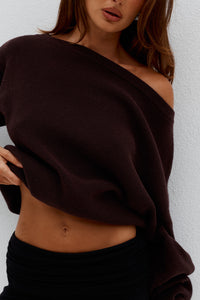 DIONNE OFF SHOULDER KNIT SWEATER - CHOCOLATE