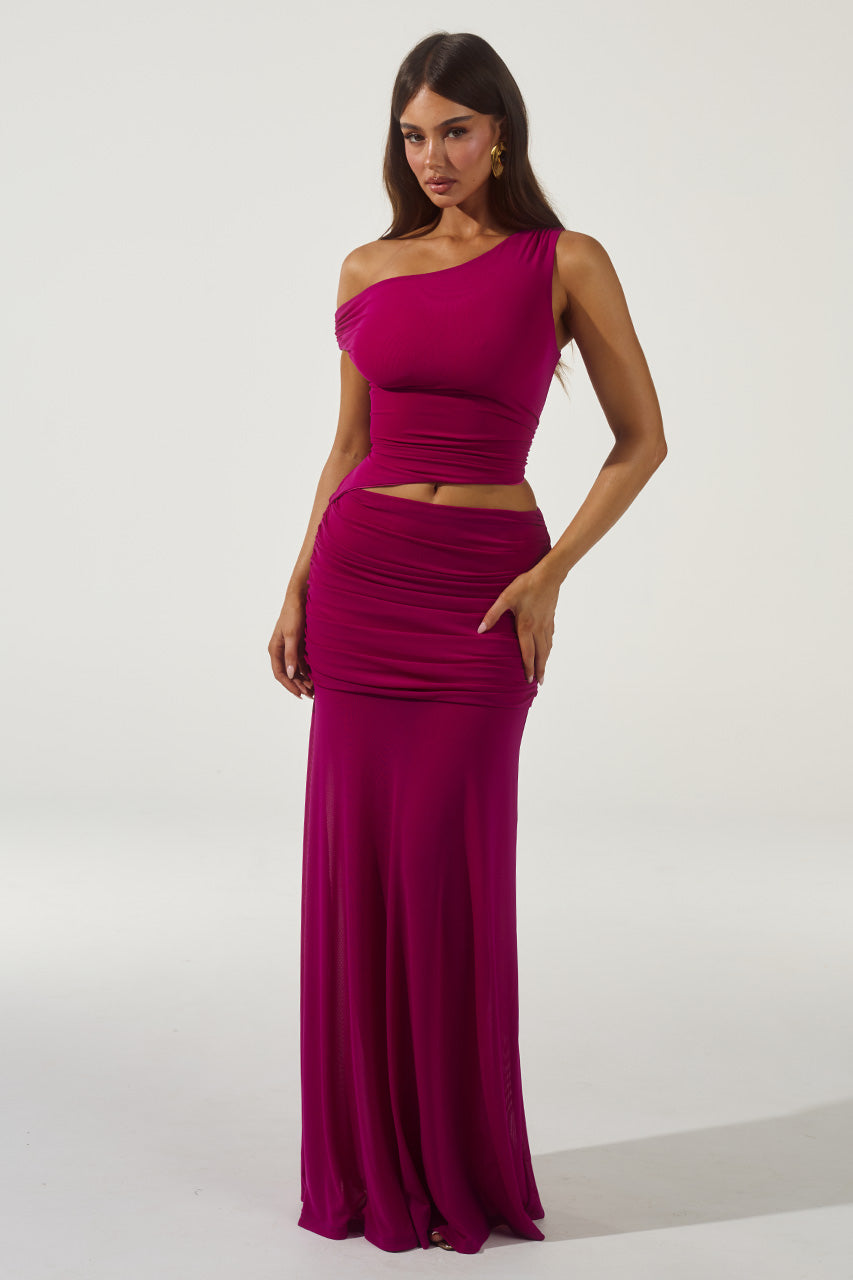 DREW ASYMMETRICAL NECK MAXI DRESS - BERRY