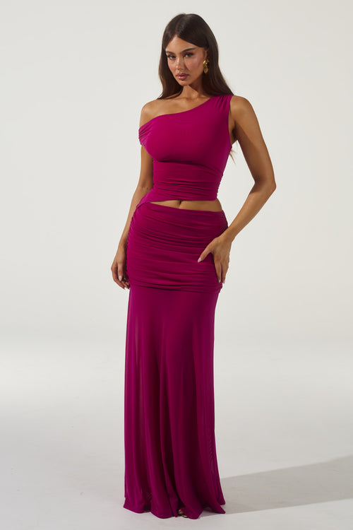 DREW ASYMMETRICAL NECK MAXI DRESS - BERRY