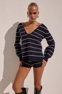 ELEONORA SLEEVED KNIT TOP - NAVY STRIPE