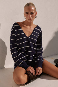 ELEONORA SLEEVED KNIT TOP - NAVY STRIPE