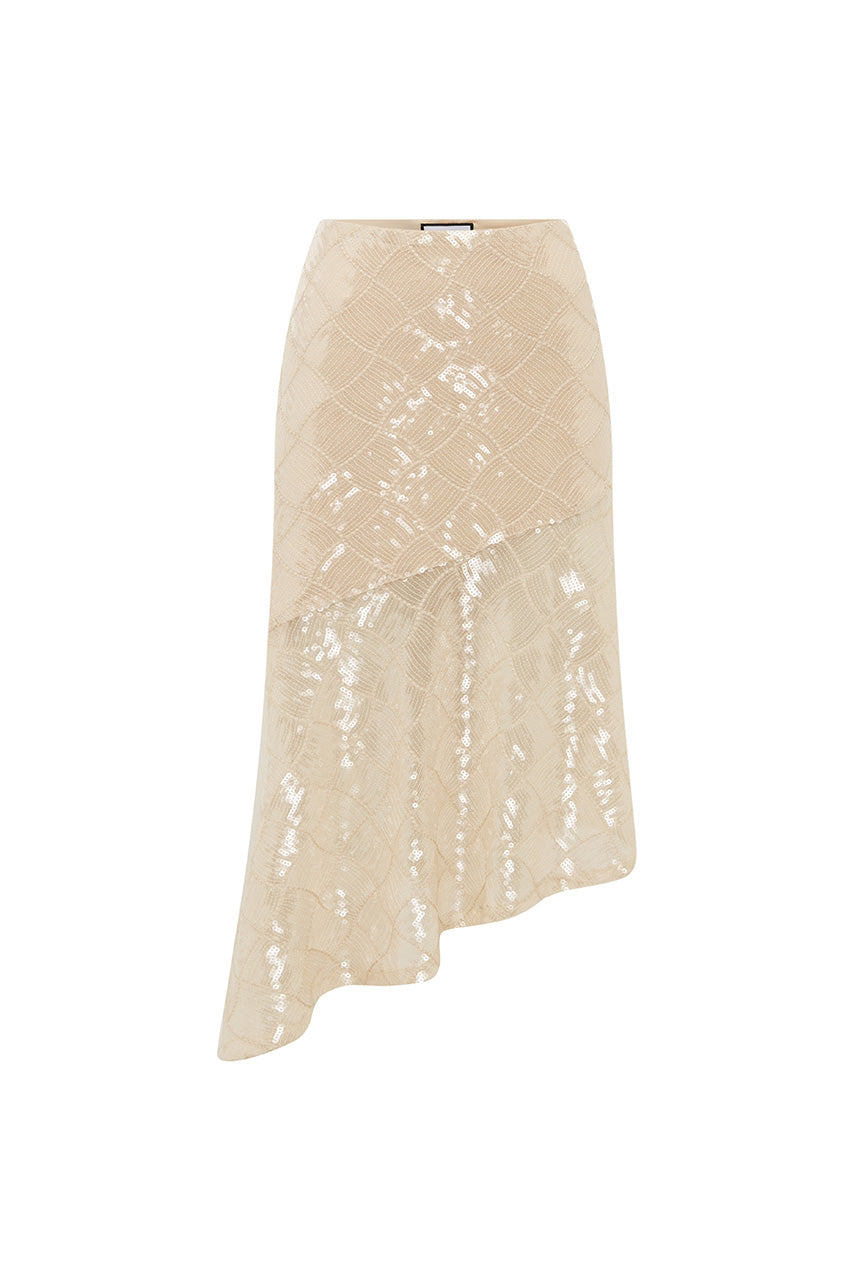 ERIS SEQUIN FLOUNCE MIDI SKIRT - SAND