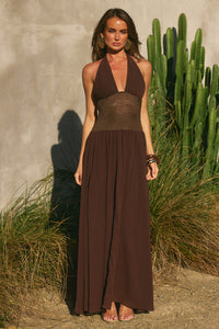 FERNANDA PLUNGE HALTER MAXI DRESS - BITTER CHOCOLATE
