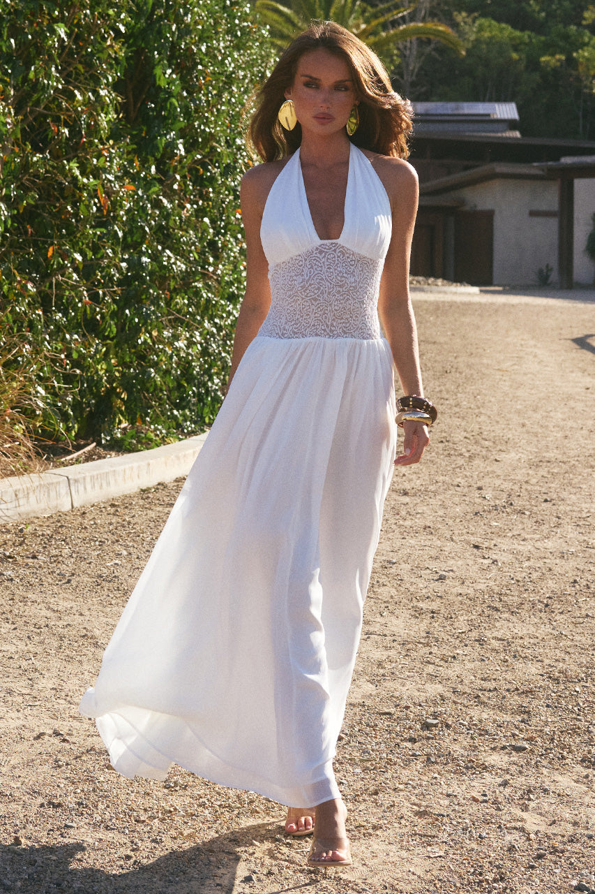 FERNANDA PLUNGE HALTER MAXI DRESS - WHITE