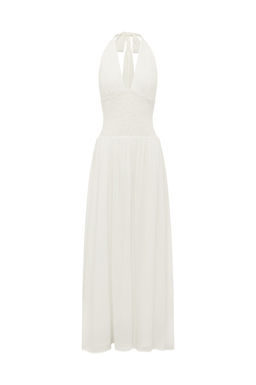 FERNANDA PLUNGE HALTER MAXI DRESS - WHITE