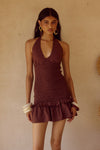 FLEUR SHIRRED HALTER MINI DRESSS - CHOCOLATE