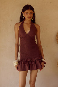 FLEUR SHIRRED HALTER MINI DRESSS - CHOCOLATE