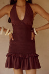FLEUR SHIRRED HALTER MINI DRESSS - CHOCOLATE