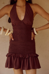 FLEUR SHIRRED HALTER MINI DRESSS - CHOCOLATE