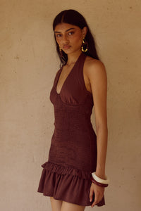 FLEUR SHIRRED HALTER MINI DRESSS - CHOCOLATE