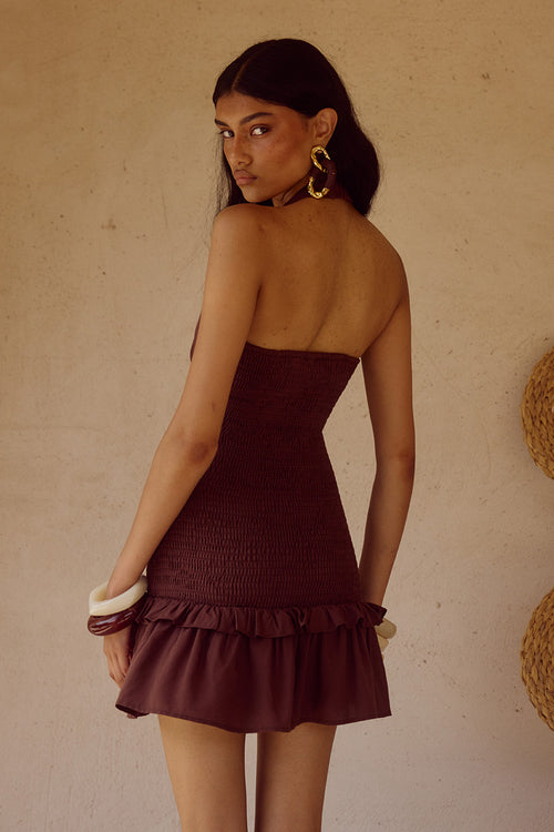 FLEUR SHIRRED HALTER MINI DRESSS - CHOCOLATE