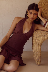 FLEUR SHIRRED HALTER MINI DRESSS - CHOCOLATE