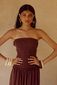 FLEUR SHIRRED STRAPLESSS MAXI DRESS - CHOCOLATE