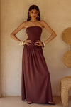 FLEUR SHIRRED STRAPLESSS MAXI DRESS - CHOCOLATE