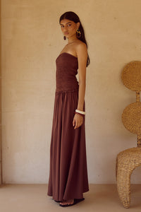 FLEUR SHIRRED STRAPLESSS MAXI DRESS - CHOCOLATE