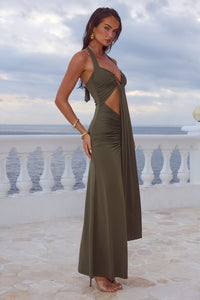 FLORA CUT OUT HALTER MAXI DRESS - OLIVE