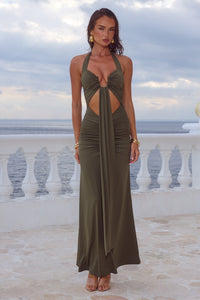 FLORA CUT OUT HALTER MAXI DRESS - OLIVE