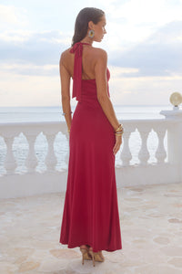 FLORA CUT OUT HALTER MAXI DRESS - CHERRY