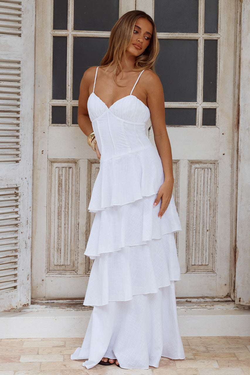 FLORRIE V-NECK TIERED MAXI DRESS - WHITE