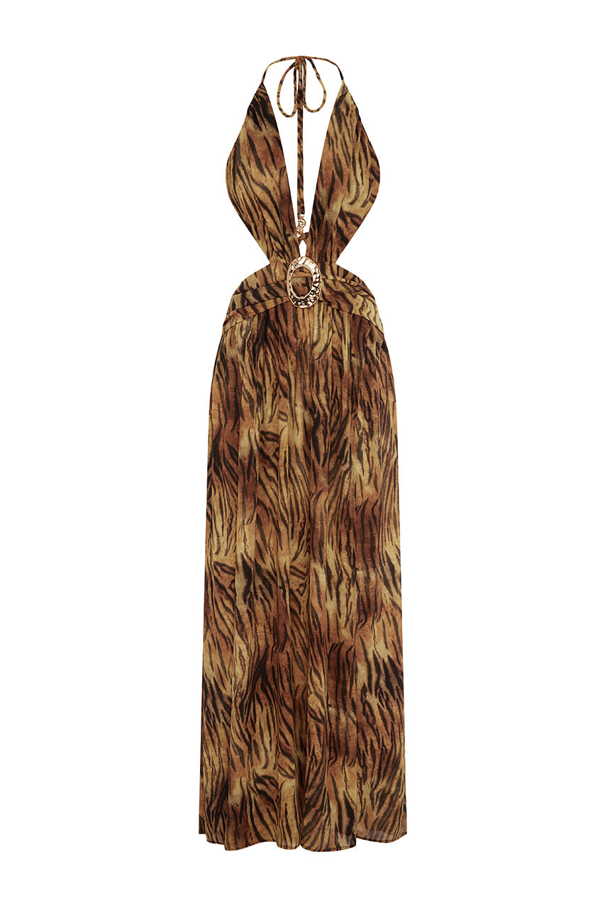 FONTANA DEEP PLUNGE MAXI DRESS - TIGRESS BROWN