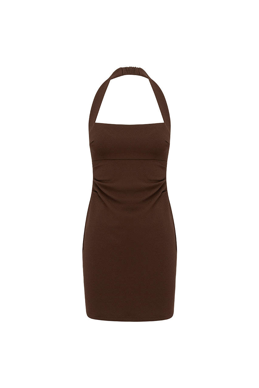 FRANCA HALTER MINI DRESS - BITTER CHOCOLATE