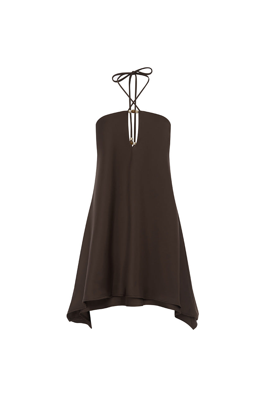 FREYA FLOWY HALTER MINI DRESS - BITTER CHOCOLATE