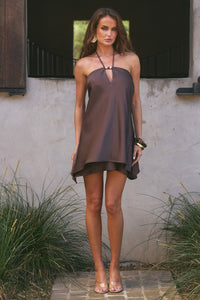 FREYA FLOWY HALTER MINI DRESS - BITTER CHOCOLATE