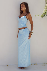GEORGINA LOW WAIST MAXI SKIRT - SKY BLUE/CHOC POLKA
