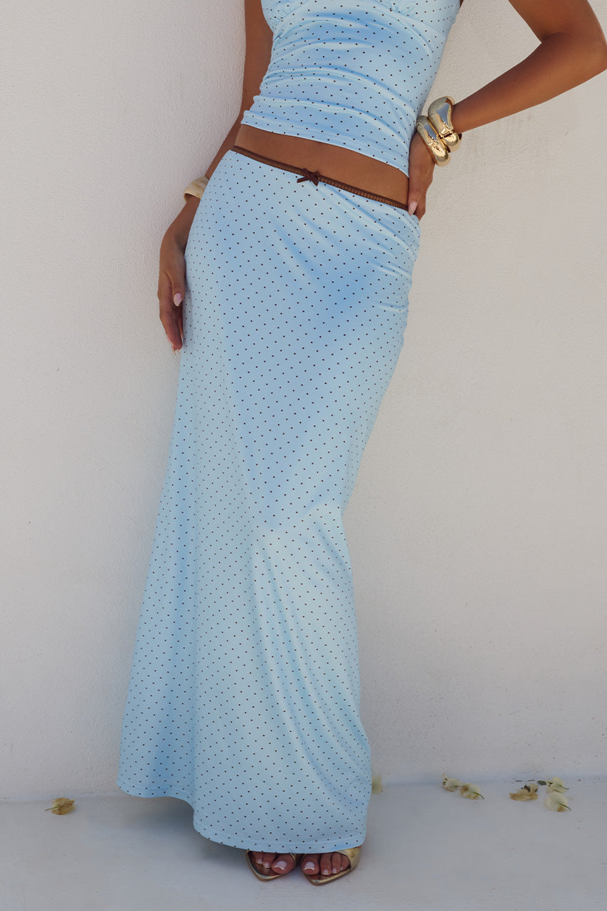 GEORGINA LOW WAIST MAXI SKIRT - SKY BLUE/CHOC POLKA