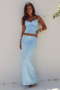 GEORGINA LOW WAIST MAXI SKIRT - SKY BLUE/CHOC POLKA