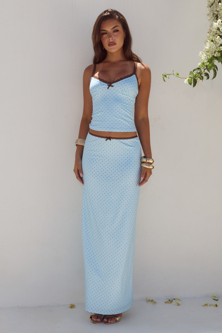 GEORGINA LOW WAIST MAXI SKIRT - SKY BLUE/CHOC POLKA
