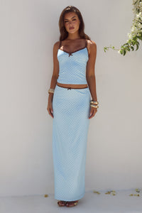 GEORGINA LOW WAIST MAXI SKIRT - SKY BLUE/CHOC POLKA