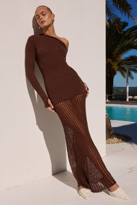GRETA ONE SHOULDER KNIT MAXI DRESS - CHOCOLATE