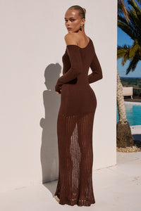 GRETA ONE SHOULDER KNIT MAXI DRESS - CHOCOLATE