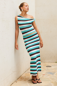 HAZEL LOW WAISTED KNIT MIDI SKIRT - AQUA MULTI