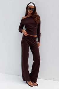 HEATHER WIDE LEG KNIT PANT - CHOCOLATE