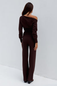 HEATHER WIDE LEG KNIT PANT - CHOCOLATE