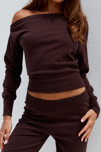 HEATHER OFF SHOULDER KNIT TOP - CHOCOLATE