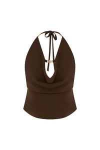 HELENA HALTER DEEP PLUNGE COWL TOP - CHOCOLATE