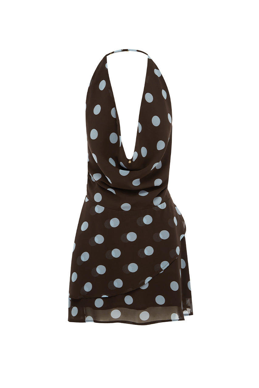 IMALI HALTER COWL MINI DRESS - CHOC/SKY BLUE POLKA
