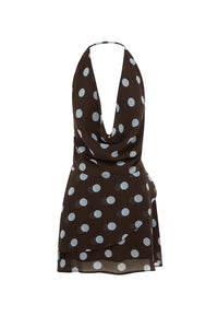 IMALI HALTER COWL MINI DRESS - CHOC/SKY BLUE POLKA