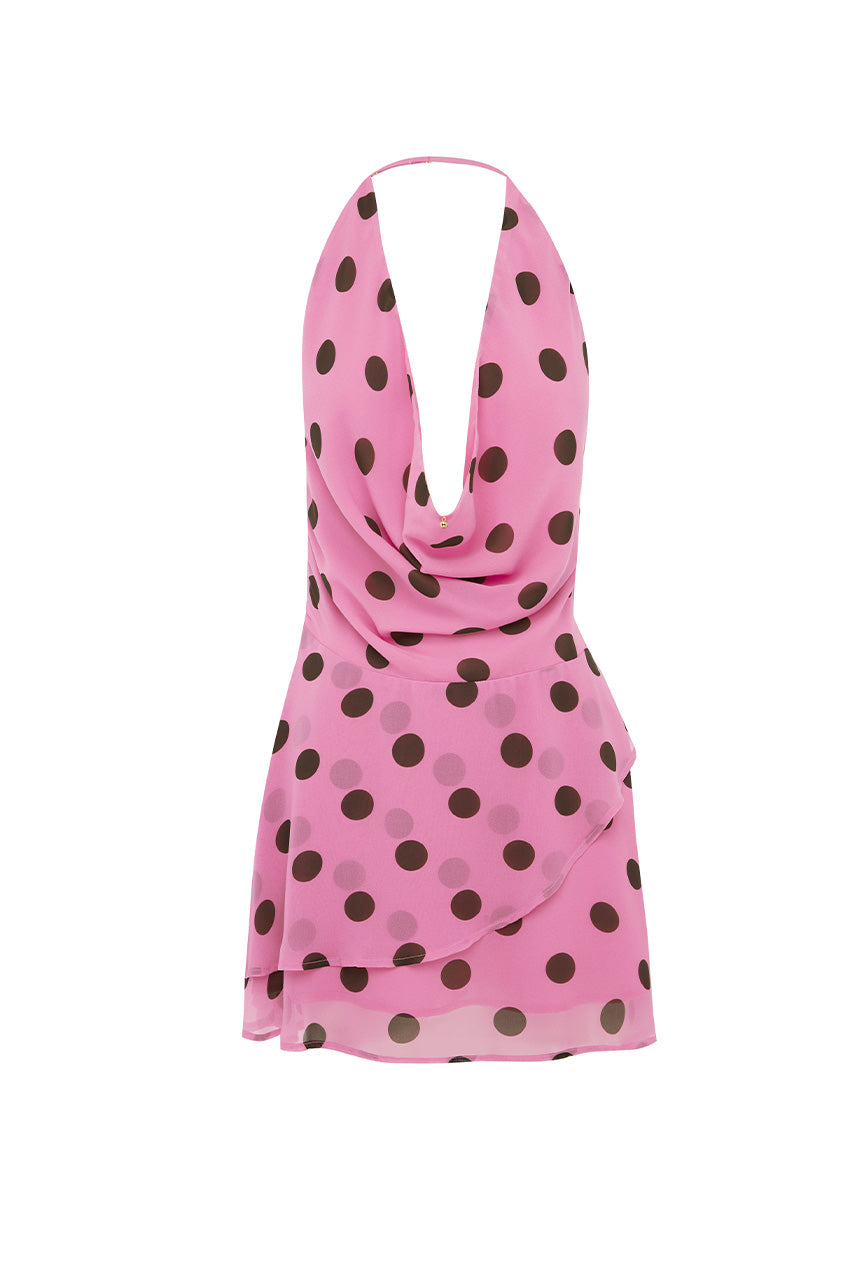 IMALI HALTER COWL MINI DRESS - MUSK/CHOC POLKA