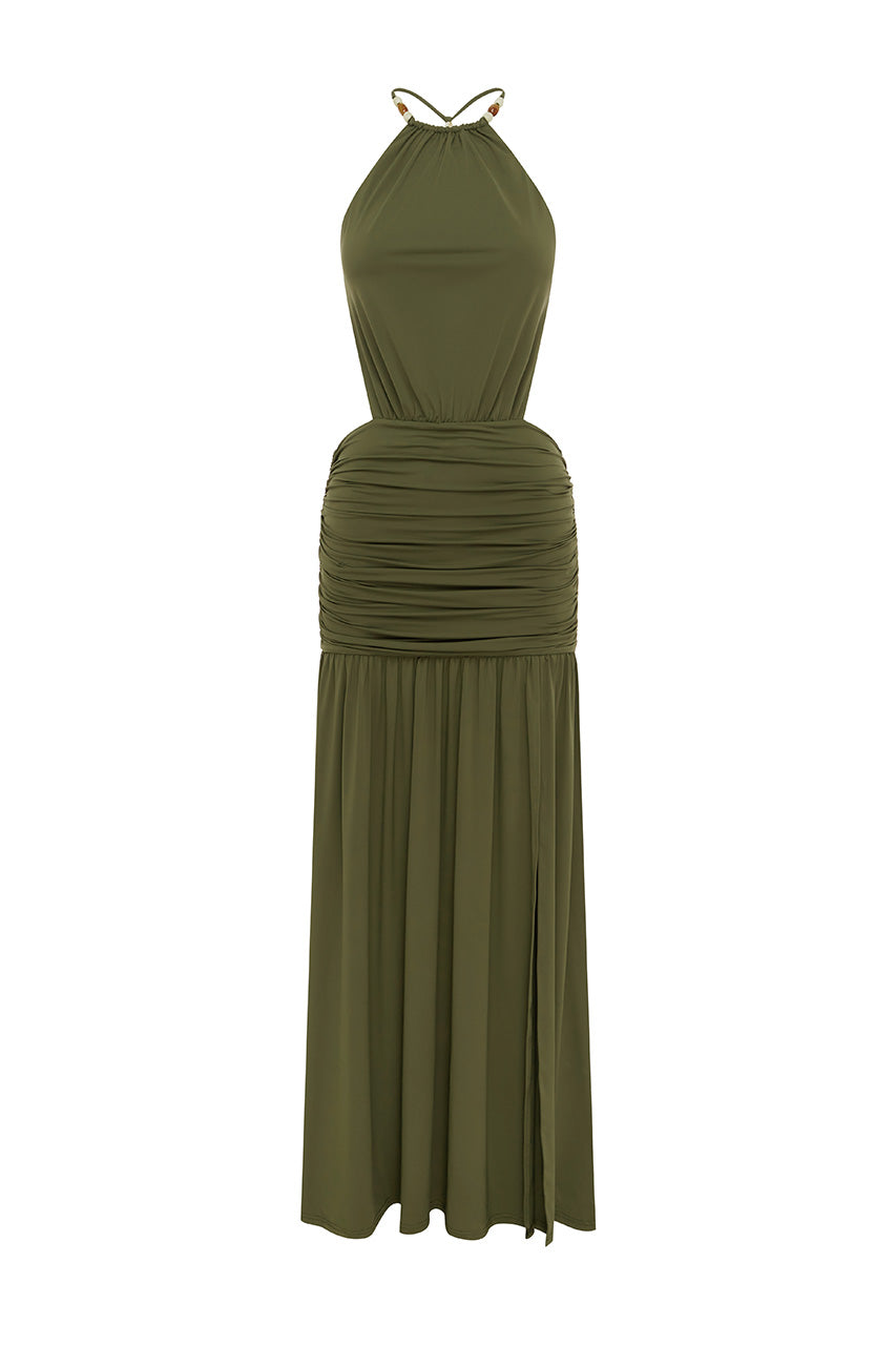 IMELDA HIGH NECK MAXI DRESS - OLIVE