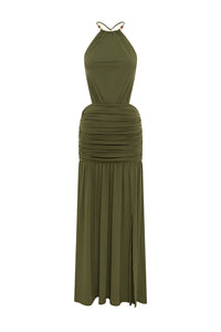 IMELDA HIGH NECK MAXI DRESS - OLIVE