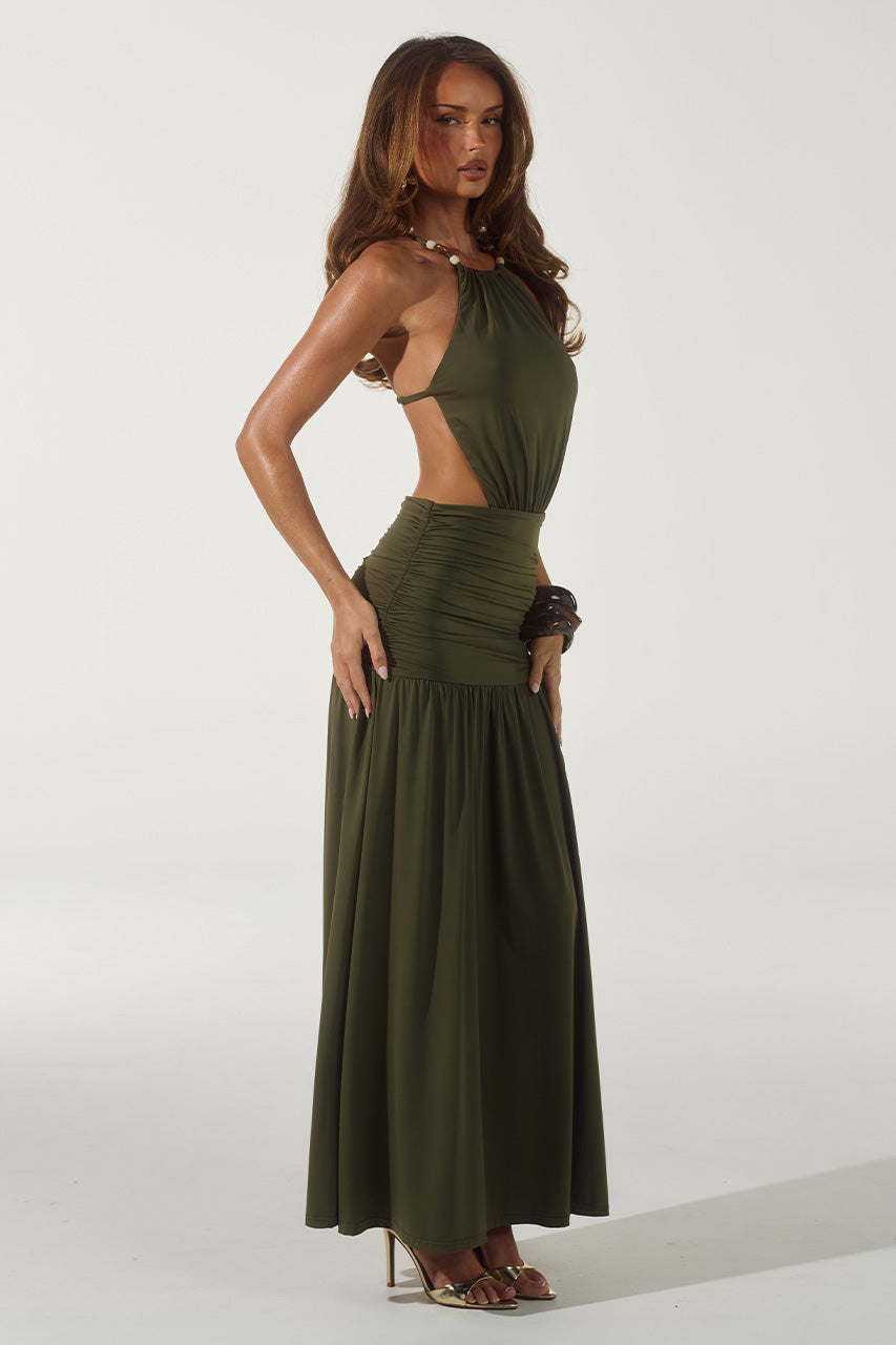 IMELDA HIGH NECK MAXI DRESS - OLIVE