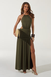 IMELDA HIGH NECK MAXI DRESS - OLIVE