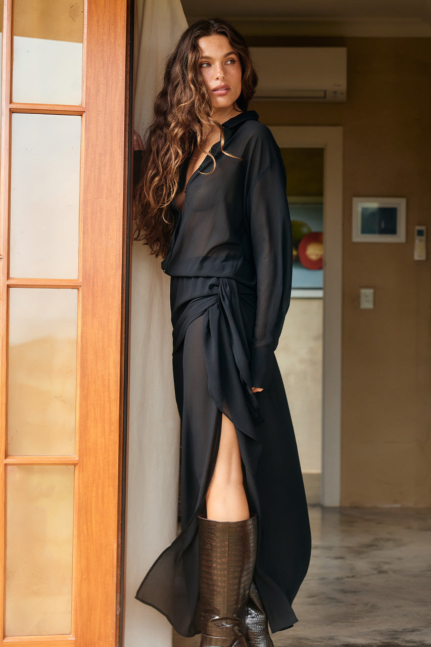 ISABELLA SHIRT MAXI DRESS - BLACK