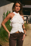 IVY HIGH NECK RUFFLE TOP - PEARL